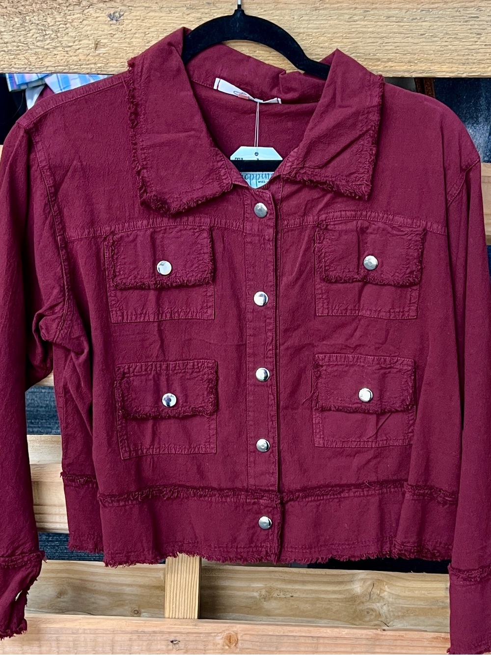 Cropped Women's Burgundy Jean Jacket with Silver Snap Buttons